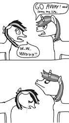 Size: 640x1136 | Tagged: safe, artist:php149, oc, oc only, oc:lekonar, oc:minty root, pegasus, pony, unicorn, angry, broken hearts, crying, dialogue, duo, monochrome, rule 63