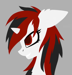 Size: 1024x1078 | Tagged: safe, artist:adagiostring, oc, oc only, oc:blackjack, pony, unicorn, fallout equestria, fallout equestria: project horizons, bust, female, gray background, horn, mare, portrait, simple, simple background, small horn, smiling, solo