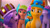 Size: 2388x1332 | Tagged: safe, screencap, hitch trailblazer, izzy moonbow, sparky sparkeroni, sunny starscout, dragon, earth pony, pegasus, pony, unicorn, g5, my little pony: make your mark, winter wishday, spoiler:g5, bag, bells, female, floral head wreath, flower, flower in hair, hat, male, mane stripe sunny, mare, open mouth, saddle bag, sheriff's badge, stallion, toque, tree branch, winter hat, wreath