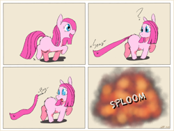 Size: 2048x1536 | Tagged: safe, artist:fluffsplosion, pinkie pie, earth pony, fluffy pony, pony, g4, butt fluff, comic, confused, explosion, female, fluffy, grenade, leg fluff, looking back, mare, onomatopoeia, open mouth, pinkamena diane pie, raised hoof, shocked, shrunken pupils, smiling, solo, stuck, wide eyes