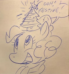 Size: 2579x2739 | Tagged: safe, artist:debmervin, pinkie pie, g4, ballpoint pen, christmas, christmas tree, high res, holiday, solo, sticky note, traditional art, tree