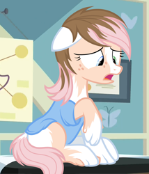 Size: 1150x1343 | Tagged: safe, artist:anonymous, nurse redheart, earth pony, human, pony, g4, /ptfg/, bed, blank flank, clothes, dock, female, freckles, hospital bed, hospital gown, human to pony, light skin, mare, mid-transformation, open mouth, show accurate, sitting, solo, tail, transformation, unhappy