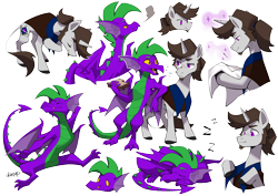 Size: 4676x3308 | Tagged: safe, artist:dar, oc, oc only, oc:spike, oc:tall tail, dragon, pony, unicorn, fanfic:song of seven, bowing, brown mane, clothes, collar, curled up, dragon oc, eating, eyes closed, food, glasses, hooves, horn, leaning, leonine tail, magic, non-pony oc, open mouth, raised hoof, sandwich, scarf, sewing needle, simple background, sleeping, smoke, smoking, spikes, stretching, tail, telekinesis, transparent background, unicorn oc, wings, yellow eyes