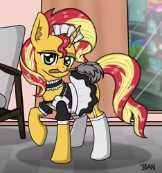 Size: 1779x1902 | Tagged: safe, artist:banquo0, sunset shimmer, pony, unicorn, clothes, dress, duster, female, garter, lidded eyes, looking at you, maid, maid headdress, mare, mouth hold, raised hoof, socks, solo
