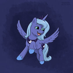 Size: 1200x1200 | Tagged: safe, artist:haretrinity, princess luna, alicorn, pony, g4, crown, female, filly, flying, jewelry, open mouth, open smile, regalia, smiling, solo, spread wings, wings, woona, younger