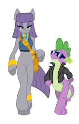 Size: 1276x2000 | Tagged: safe, artist:ferris, artist:qtmarx, maud pie, spike, dragon, earth pony, anthro, semi-anthro, g4, anklet, arm hooves, bag, bottomless, bracelet, choker, clothes, collar, duo, eyelashes, eyeshadow, featureless crotch, female, fetlock tuft, gold, hips, jacket, jewelry, leather, leather jacket, lidded eyes, makeup, male, messenger bag, midriff, necklace, partial nudity, short shirt, simple background, sleeveless, smiling, strut, sunglasses, thighs, white background