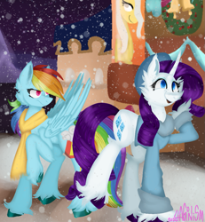 Size: 1041x1125 | Tagged: safe, artist:4agonism, rainbow dash, rarity, pegasus, pony, unicorn, g4, beret, cheek fluff, chest fluff, christmas, christmas wreath, clothes, colored hooves, commission, duo, ear fluff, eyelashes, eyeshadow, female, fluffy, folded wings, frog (hoof), frown, happy, hat, holiday, hooves, horn, lesbian, lineless, makeup, mare, open mouth, open smile, raised hoof, scarf, ship:raridash, shipping, shopping, smiling, snow, snowfall, suspicious, sweater, those gay horses, underhoof, unshorn fetlocks, walking, wings, wreath