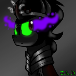 Size: 1000x1000 | Tagged: safe, artist:technoponywardrobe, king sombra, pony, unicorn, the crystal empire 10th anniversary, g4, black background, bust, colored horn, curved horn, dark background, green eyes, horn, male, portrait, shiny, simple background, solo, sombra eyes, sombra horn