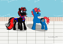 Size: 1574x1115 | Tagged: safe, artist:sorasleafeon, oc, oc only, oc:shadow sora, oc:train track, pony, unicorn, clothes, duo, duo male, inkscape, looking back, male, original character do not steal, reupload, scarf, signature, slender, smiling, speedo, swimming pool, swimsuit, thin, vector, water