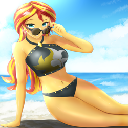 Size: 2721x2721 | Tagged: safe, artist:toffrox, sunset shimmer, human, equestria girls, beach, belly button, bikini, breasts, busty sunset shimmer, clothes, cloud, female, looking at you, ocean, sand, sexy, sky, solo, stupid sexy sunset shimmer, sunglasses, sunset shimmer's beach shorts swimsuit, swimsuit, water