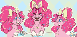 Size: 2063x1001 | Tagged: safe, artist:super-lemon-sama, pinkie pie, earth pony, pony, g4, alternate design, bow, eye clipping through hair, eyes closed, fangs, female, freckles, hair bow, jewelry, mare, necklace, open mouth, open smile, smiling, solo