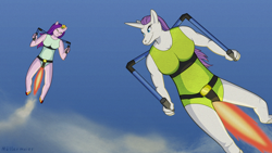 Size: 3840x2160 | Tagged: source needed, safe, artist:muellermeier, pipp petals, rarity, pegasus, unicorn, anthro, g5, breasts, clothes, duo, duo female, female, flying, high res, jetpack, leotard, sky, sky background