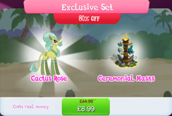 Size: 1271x860 | Tagged: safe, gameloft, idw, cactus rose, abada, pony, g4, my little pony: magic princess, official, bundle, concave belly, costs real money, english, female, fire, healer's mask, horn, idw showified, long legs, mare, mask, mobile game, multiple horns, numbers, rock, sale, slender, solo, text, thin, tree