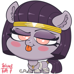 Size: 800x800 | Tagged: safe, artist:wispy tuft, oc, oc only, oc:mummydew, :p, ankh, blushing, bobblehead, chibi, egyptian, eyeshadow, female, filly, foal, headband, jewelry, makeup, mummy costume, qt, raised tail, red eyes, ring, simple background, smug, tail, tail ring, tongue out, transparent background