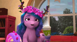 Size: 1280x712 | Tagged: safe, screencap, grandma figgy, izzy moonbow, dragon, earth pony, pony, unicorn, g5, my little pony: make your mark, my little pony: make your mark chapter 3, winter wishday, spoiler:g5, spoiler:winter wishday, animated, chocolate, chuckle, cup, elderly, floral head wreath, flower, flower in hair, food, glasses, hot chocolate, indoors, laughing, marshmallow, sipping, sound, tree branch, webm, wreath