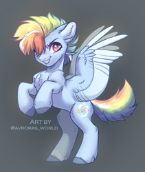 Size: 1600x1900 | Tagged: safe, artist:avroras_world, rainbow dash, pegasus, pony, g4, chest fluff, ear fluff, female, gray background, mare, multicolored hair, redesign, short hair, short mane, short tail, simple background, smiling, solo, tail, wings