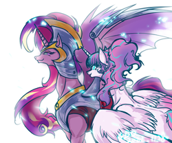 Size: 1936x1608 | Tagged: safe, artist:thurder2020, gameloft, princess cadance, princess flurry heart, alicorn, pony, g4, my little pony: magic princess, armor, bat wings, duo, duo female, female, looking at each other, looking at someone, older, older flurry heart, simple background, sternocleidomastoid, white background, wings