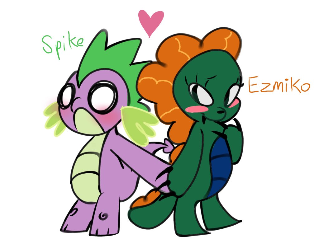 2996600 - safe, artist:gogogogogogoat, spike, oc, oc:emziko, dragon, blush  sticker, blushing, canon x oc, closed mouth, dragon oc, dragoness, duo, duo  male and female, eyes open, fangs, female, female oc, floating heart,