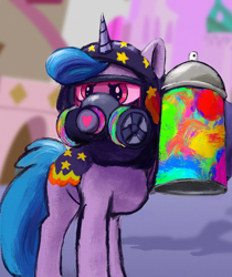 Size: 1292x1535 | Tagged: safe, artist:phutashi, izzy moonbow, pony, unicorn, g5, my little pony: tell your tale, sneaksy strikes again, spoiler:g5, spoiler:my little pony: tell your tale, spoiler:tyts01e34, female, gas mask, hooded cape, mare, mask, sneaksy, solo, spray can, spray paint