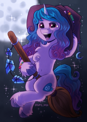 Size: 1180x1660 | Tagged: safe, artist:kotya, izzy moonbow, pony, unicorn, g5, belly button, broom, chest fluff, crystal, flying, flying broomstick, full moon, halloween, hat, holiday, looking at you, moon, smiling, smiling at you, solo, witch hat