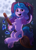 Size: 1180x1660 | Tagged: safe, artist:kotya, izzy moonbow, pony, unicorn, g5, belly button, bracelet, broom, chest fluff, crystal, cute, female, flying, flying broomstick, friendship bracelet, full moon, halloween, happy, hat, holiday, izzybetes, jewelry, looking at you, mare, moon, open mouth, open smile, smiling, smiling at you, solo, unshorn fetlocks, witch hat