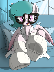 Size: 3000x4000 | Tagged: safe, artist:flaremoon, oc, oc:hazy breeze, pegasus, pony, clothes, couch, fetish, frog (hoof), glasses, hoof fetish, lab coat, looking at you, pegasus oc, socks, solo, underhoof