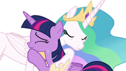 Size: 1024x576 | Tagged: safe, edit, edited screencap, screencap, princess celestia, twilight sparkle, alicorn, pony, g4, season 4, twilight's kingdom, background removed, crying, cute, daaaaaaaaaaaw, duo, duo female, female, hug, mare, missing cutie mark, not a vector, sad, simple background, slender, thin, transparent background, twilight sparkle (alicorn)