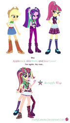 Size: 792x1386 | Tagged: safe, artist:prettycelestia, applejack, aria blaze, sour sweet, equestria girls, clothes, flower, flower in hair, four arms, fusion, gem, jewelry, many eyes, many legs, ponytail, ring, shedding, siren gem, skirt, skirt suit, suit, two mouths
