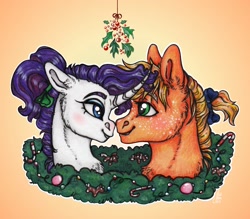 Size: 2636x2309 | Tagged: safe, artist:skior, applejack, rarity, pony, g4, female, high res, holly, holly mistaken for mistletoe, lesbian, ship:rarijack, shipping