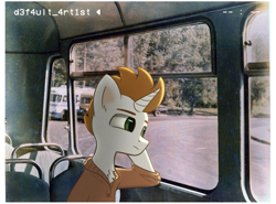 Size: 1945x1440 | Tagged: safe, artist:d3f4ult_4rt1st, oc, oc only, pony, unicorn, bus, clothes, irl, male, old photo, photo, ponies in real life, sitting, solo, sweater, window