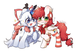 Size: 1441x981 | Tagged: safe, artist:yilo, oc, oc only, oc:yilo, oc:彩光 rainbowlight, pegasus, pony, unicorn, chest fluff, clothes, duo, ear tufts, headset, simple background, socks, striped socks, transparent background