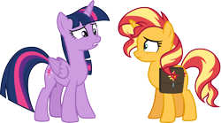Size: 5397x3000 | Tagged: safe, artist:cloudy glow, sunset shimmer, twilight sparkle, alicorn, pony, unicorn, equestria girls, equestria girls series, forgotten friendship, g4, bag, duo, duo female, female, mare, saddle bag, simple background, transparent background, twilight sparkle (alicorn), vector