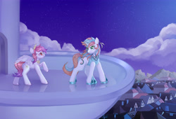 Size: 6000x4072 | Tagged: safe, artist:myriadstar, oc, oc only, oc:芳棠, oc:雀玲, pegasus, pony, unicorn, absurd resolution, cloud, cover art, duo, duo female, female, glasses, looking at each other, looking at someone, mare, quill