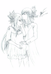 Size: 2745x4000 | Tagged: safe, artist:raydhen, queen chrysalis, oc, oc:king ao, elf, anthro, canon x oc, clothes, couple, elf ears, eyes closed, forehead kiss, hand on belly, hand on cheek, hand on shoulder, jewelry, kissing, long hair, monochrome, nightgown, pants, pregnant, signature, simple background, sketch, smiling, white background, wholesome