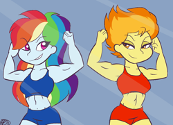 Size: 884x636 | Tagged: source needed, safe, artist:purfectprincessgirl, rainbow dash, spitfire, human, equestria girls, g4, abs, belly button, biceps, clothes, fitfire, flexing, midriff, mirror, muscles, rainbuff dash, shorts, smiling, sports bra, sports shorts
