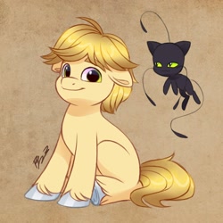 Size: 2048x2048 | Tagged: safe, artist:haruh_ink, earth pony, kwami, pony, adrien agreste, cute, duo, floppy ears, high res, looking at you, male, miraculous ladybug, plagg, ponified, sitting, smiling, teenager