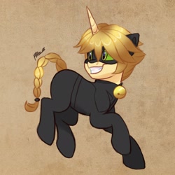 Size: 2048x2048 | Tagged: safe, artist:haruh_ink, pony, unicorn, adrien agreste, bell, bodysuit, braid, braided tail, chat noir, clothes, high res, male, mask, miraculous ladybug, ponified, smiling, solo, suit, superhero, tail, teenager