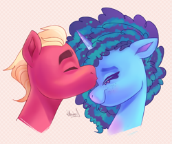 Size: 2075x1734 | Tagged: safe, artist:dilliedae, misty brightdawn, sprout cloverleaf, earth pony, pony, unicorn, g5, cornrows, cute, duo, eyes closed, female, forehead kiss, kissing, male, mare, ship:mistyclover, shipping, simple background, smiling, stallion, straight