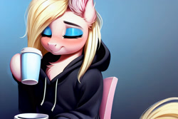 Size: 3072x2048 | Tagged: safe, ai assisted, ai content, artist:darbarri, derpibooru exclusive, generator:stable diffusion, oc, earth pony, pony, blushing, chest fluff, clothes, coffee, eyes closed, gradient background, high res, hoodie, hoof hold, sitting, smiling, solo