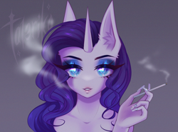 Size: 3990x2960 | Tagged: safe, artist:taleriko, rarity, unicorn, anthro, g4, bare shoulder portrait, bare shoulders, bust, cigarette, high res, nails, portrait, smoke, solo