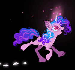 Size: 1583x1471 | Tagged: safe, artist:caninecrypt, izzy moonbow, pony, unicorn, g5, black background, chest fluff, happy, heart, heart eyes, hoof heart, hoofprints, magic, open mouth, open smile, simple background, smiling, solo, underhoof, unshorn fetlocks, wingding eyes