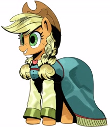 Size: 3534x4096 | Tagged: safe, artist:_ton618_, applejack, earth pony, pony, g4, the big mac question, alternate hairstyle, applejack also dresses in style, applejack's country dress, applejack's hat, beautiful, braid, braided pigtails, clothes, cowboy hat, cowgirl, cute, dress, female, freckles, gown, hat, jackabetes, mare, pigtails, simple background, smiling, solo, stetson, white background