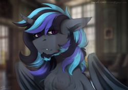 Size: 3508x2480 | Tagged: safe, artist:sinrinf, oc, oc:shimmer shield, oc:shimmering guard, alicorn, pony, bust, chest fluff, commission, fangs, high res, looking at you, male, solo, stallion