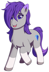 Size: 2008x2901 | Tagged: safe, artist:autumnsfur, oc, oc only, oc:glitter stone, earth pony, pony, 2023 community collab, derpibooru community collaboration, g4, g5, coat markings, earth pony oc, female, full body, hair over one eye, high res, long mane, looking forward, mare, multicolored tail, open mouth, pony oc, purple eyes, purple mane, purple tail, raised hoof, simple background, smiling, smiling at you, socks (coat markings), solo, tail, transparent background