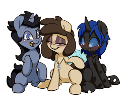 Size: 2200x1800 | Tagged: safe, artist:lou, oc, oc only, oc:louvely, oc:swift dawn, oc:trent, changeling, earth pony, pony, unicorn, 2023 community collab, derpibooru community collaboration, blue changeling, blue eyes, blushing, brown eyes, changeling oc, commission, earth pony oc, eyelashes, eyeshadow, fangs, female, horn, jewelry, lidded eyes, lipstick, looking at something, looking at you, makeup, male, mare, necklace, open mouth, simple background, sitting, smiling, stallion, transparent background, trio, unicorn oc, wings, ych result