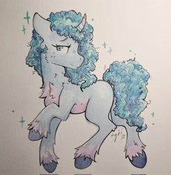 Size: 2009x2048 | Tagged: safe, artist:lightisanasshole, misty brightdawn, pony, unicorn, g5, chest fluff, coat markings, colored hooves, curved horn, eyebrows, female, high res, horn, looking back, mare, solo, sparkles, traditional art, unshorn fetlocks, watercolor painting