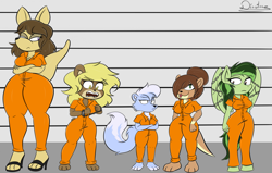Size: 2407x1531 | Tagged: safe, artist:dianilane1, oc, oc:eden shallowleaf, bear, kangaroo, otter, pegasus, skunk, anthro, unguligrade anthro, :p, bound wings, clothes, commissioner:land24, furry, furry oc, group, jumpsuit, never doubt rainbowdash69's involvement, prison outfit, quintet, tongue out, wings