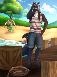 Size: 2880x3870 | Tagged: safe, artist:blackblood-queen, oc, oc only, oc:kiwi breeze, oc:mako, orca, orca pony, original species, pegasus, anthro, digitigrade anthro, unguligrade anthro, anthro oc, beach, clothes, cloud, crate, digital art, female, high res, male, mare, pegasus oc, pier, pregnant, rope, scar, shorts, sky, smiling, stallion, story in the source, tail, tree, water, waving