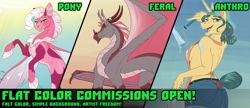 Size: 1872x809 | Tagged: safe, artist:sunny way, fresh coat, oc, dragon, seapony (g4), unicorn, anthro, g4, advertisement, advertising, any gender, any species, apron, braless, clothes, commission, commission open, commission slot, commissions open, looking back, open mouth, paint, quadrupedal, slot