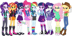Size: 1000x499 | Tagged: safe, artist:emeraldblast63, applejack, fluttershy, pinkie pie, rainbow dash, rarity, sci-twi, starlight glimmer, sunset shimmer, twilight sparkle, human, equestria girls, alternate clothes, clothes, converse, humane five, humane seven, humane six, lidded eyes, looking at you, rainbow socks, shoes, simple background, smiling, socks, striped socks, transparent background, twolight